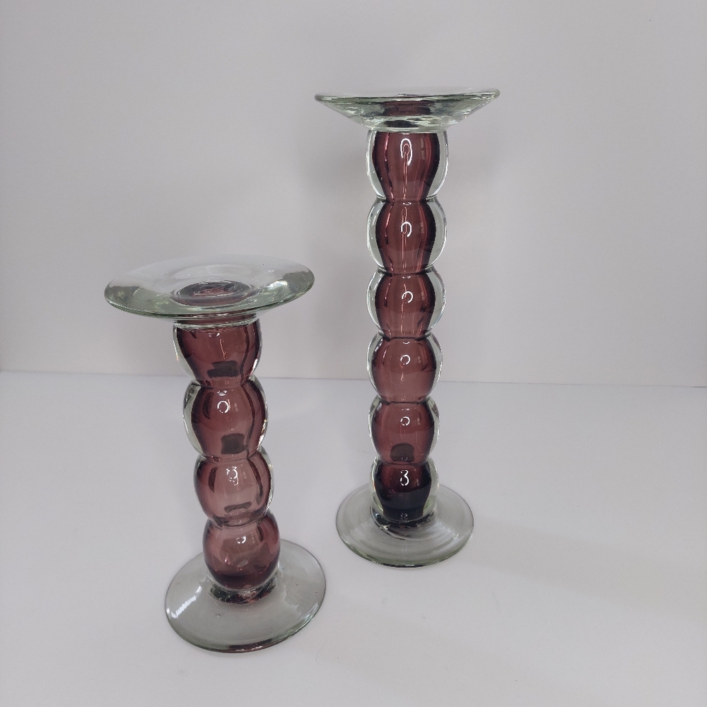 Blown Glass Pillar Candle Holder Set - Handmade Glass Art Centerpiece
